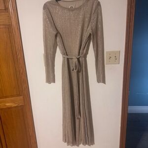 Anne Klein Sparkle Metallic Ribbed Long Sleeve Maxi Dress Belted Tan Womens sz14
